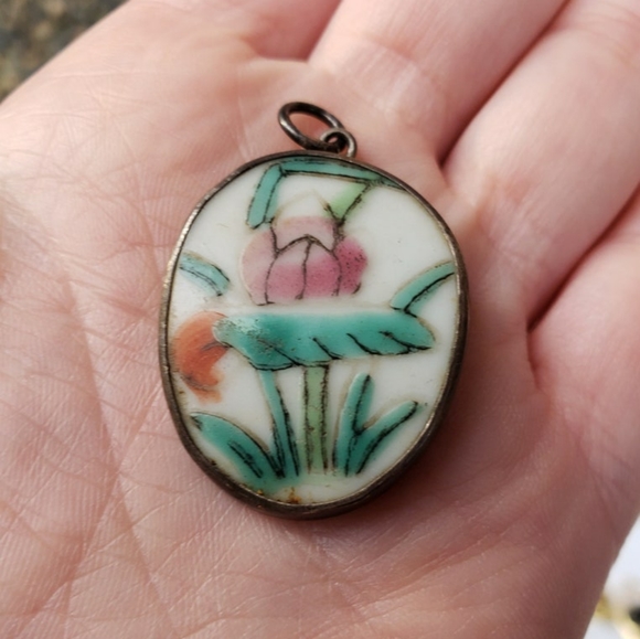 Handpainted Porcelain Lotus Pendant - Picture 1 of 5